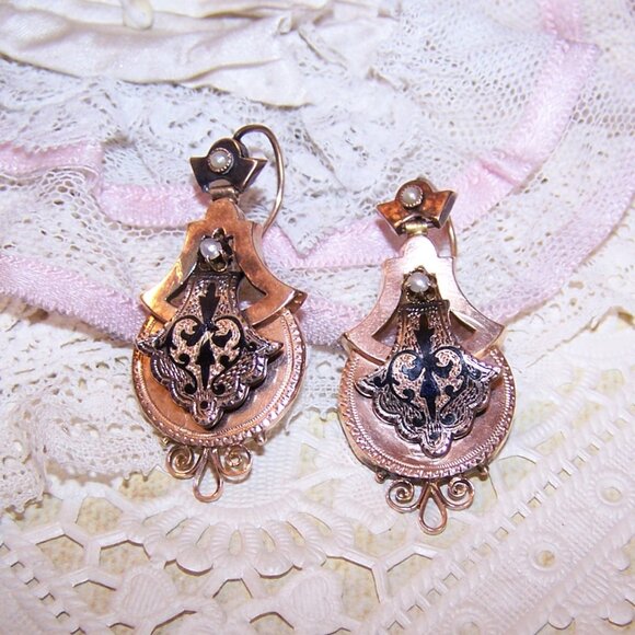 Antique 14K Gold Taille D'Epergne Enamel Pearl Dangle Earrings - Hook Findings - Picture 8 of 10